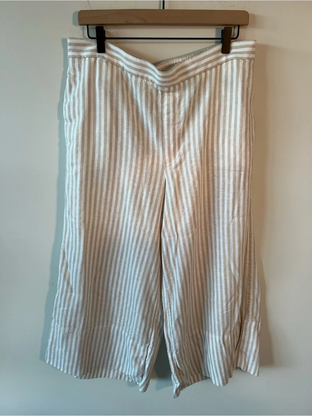 Banana Republic Striped Wide-Leg Linen Elasticized Pants Khaki White Cropped